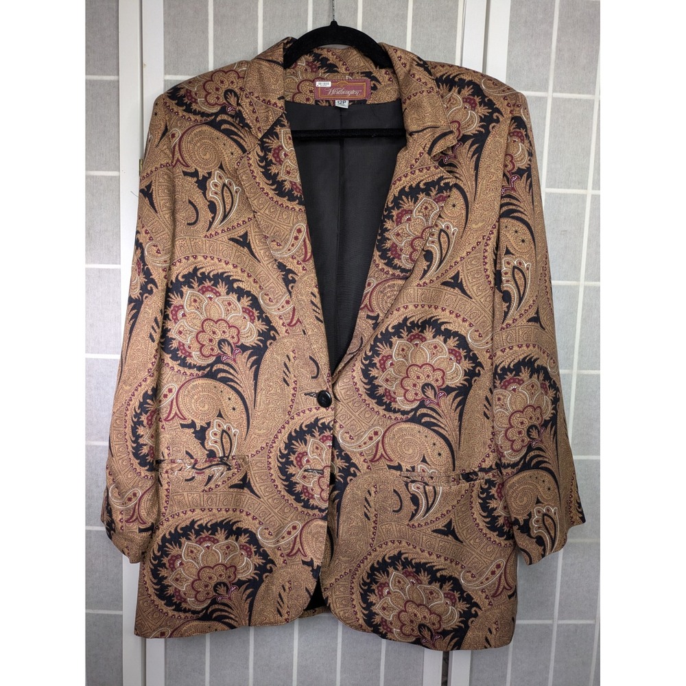 Worthington Womens Vintage Paisley Blazer 12P Jacket Retro Boho Shoulder Pads